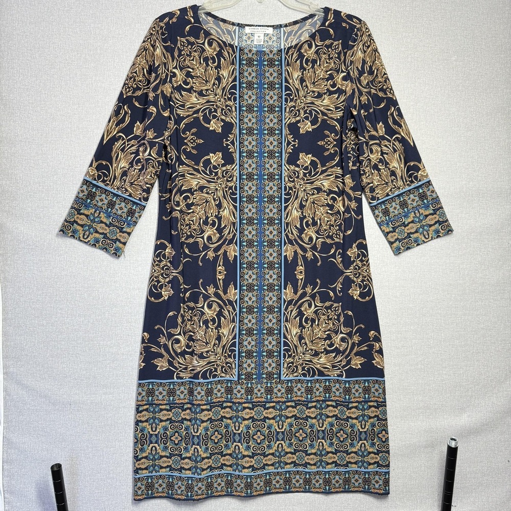 London Style Collection Dress Womens 12 Blue Floral 3/4 Sleeve Shift Knee Length